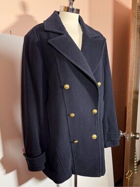 FRAME navy blue wool Cashmere military Brass button double button pea coat large
